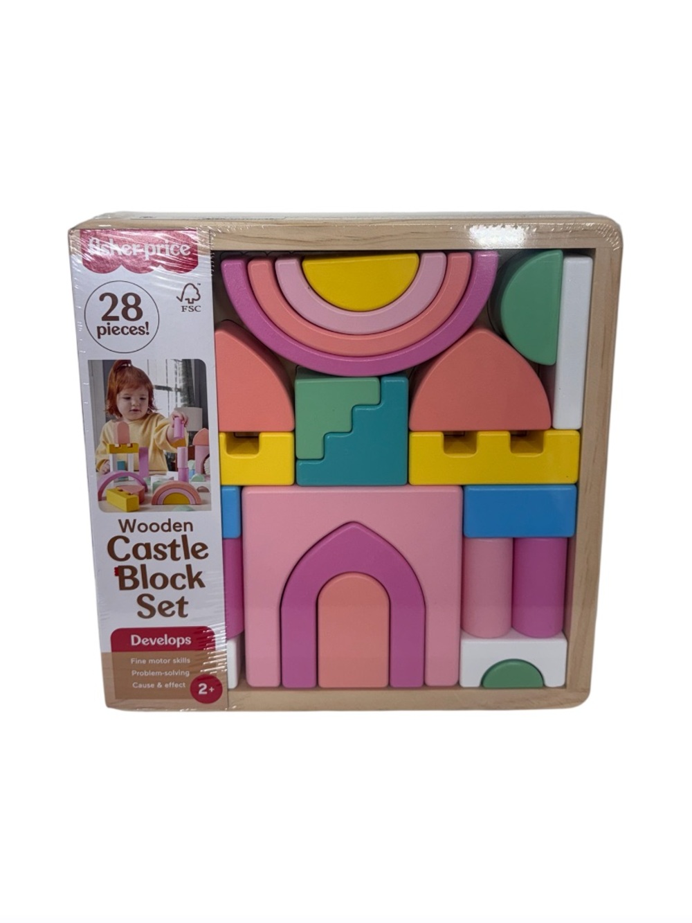 Fisher Price Wooden Castle Block Set 28pc Age 3+ Pink Blue Yellow Green White